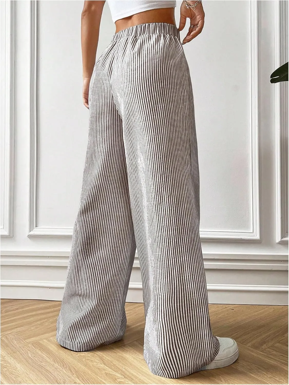 MakeMeChic Women's Striped Pants Elastic Waist Wide Leg Straight Summer Trousers