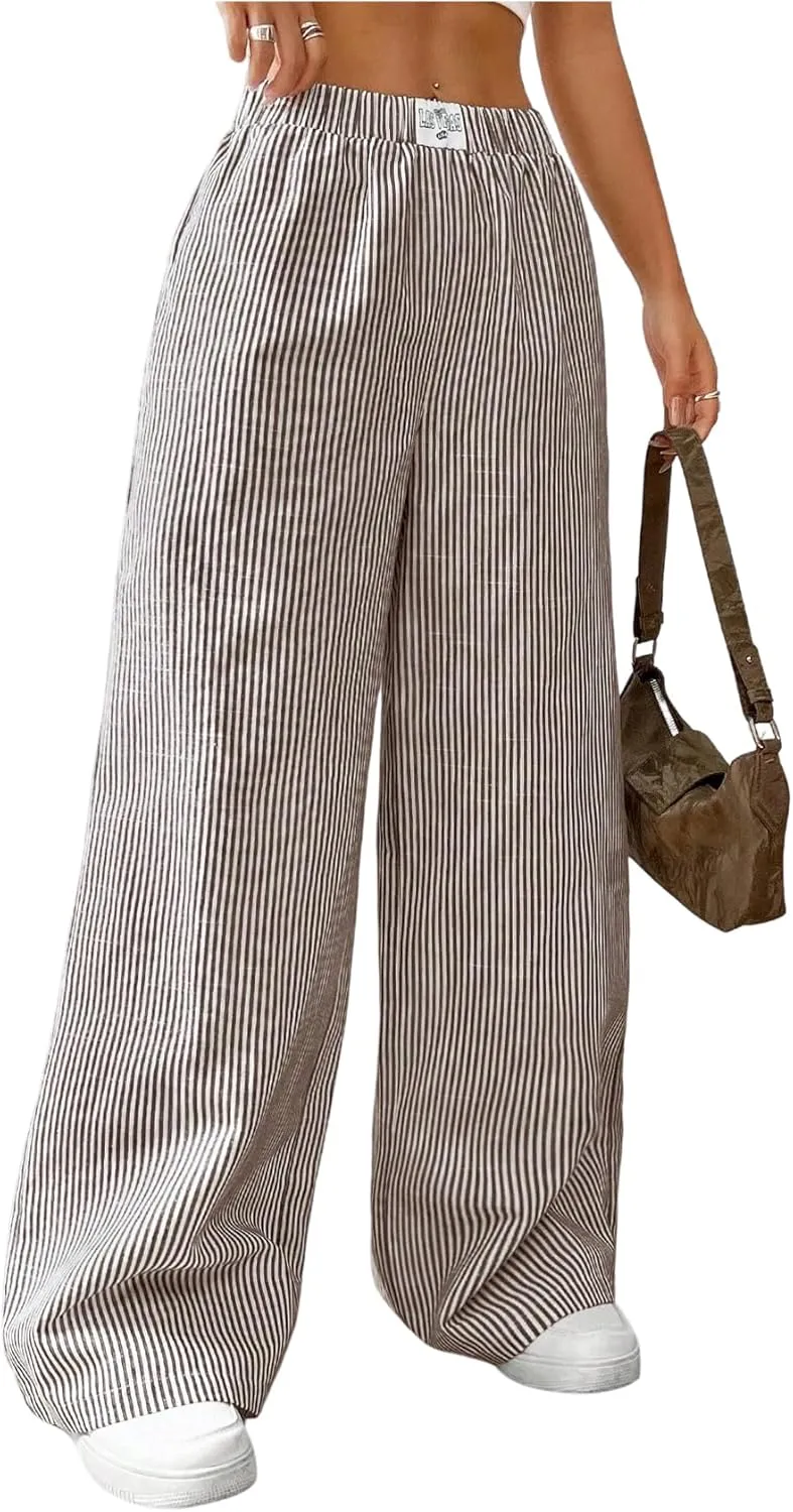 MakeMeChic Women's Striped Pants Elastic Waist Wide Leg Straight Summer Trousers