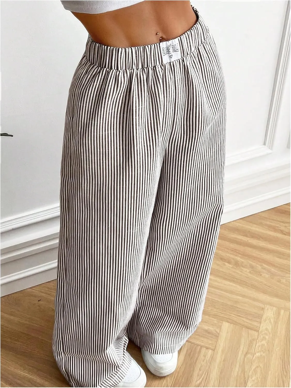 MakeMeChic Women's Striped Pants Elastic Waist Wide Leg Straight Summer Trousers