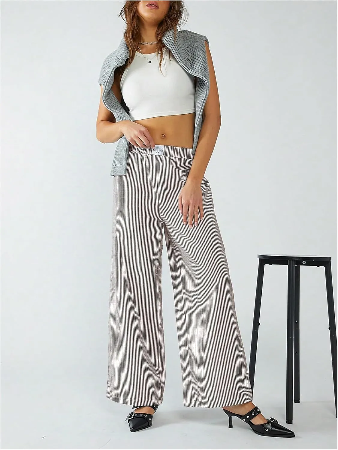 MakeMeChic Women's Striped Pants Elastic Waist Wide Leg Straight Summer Trousers