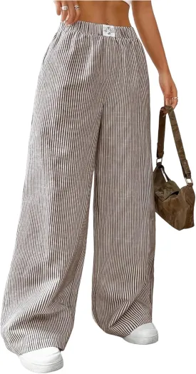 MakeMeChic Women's Striped Pants Elastic Waist Wide Leg Straight Summer Trousers