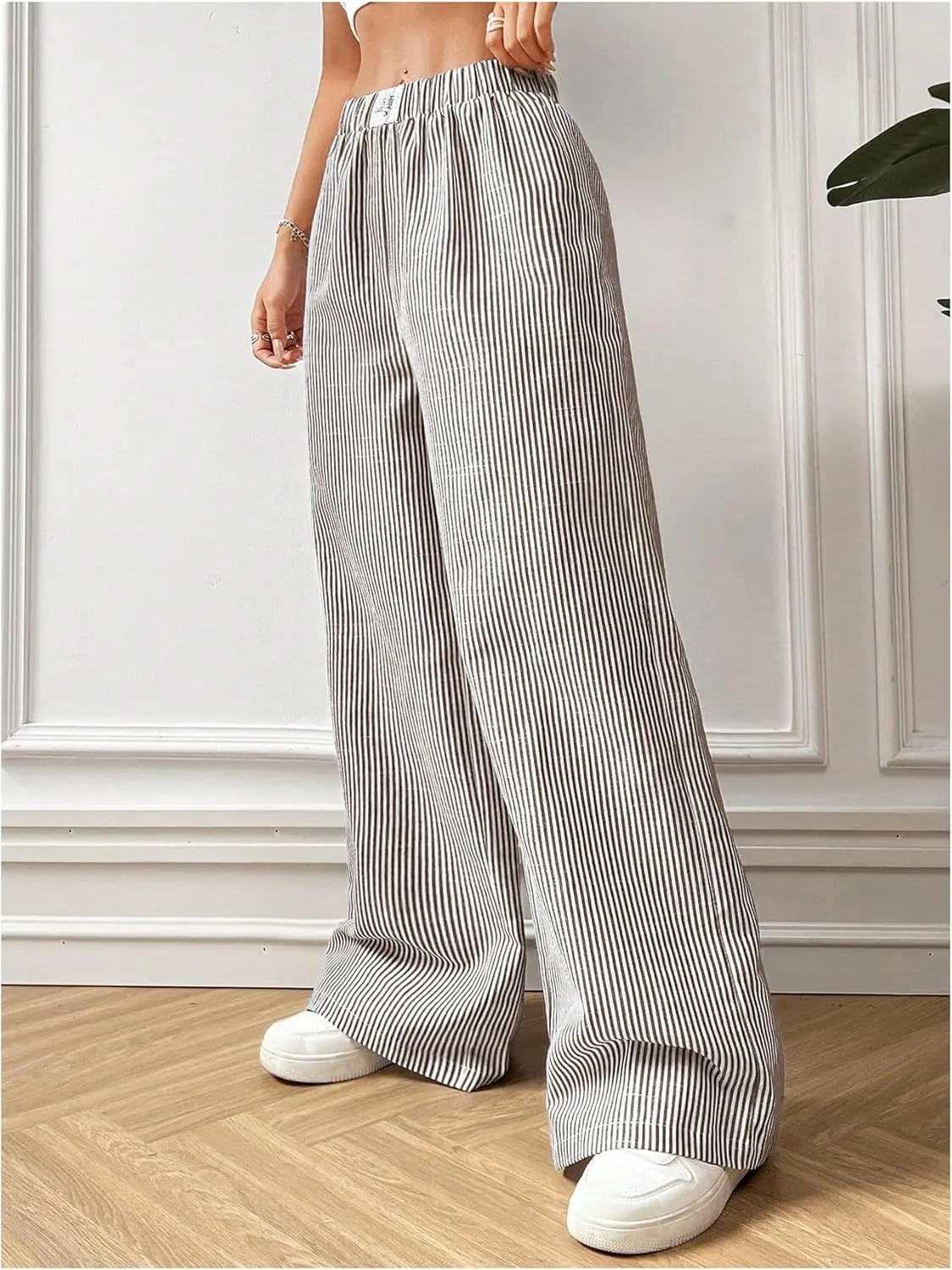 MakeMeChic Women's Striped Pants Elastic Waist Wide Leg Straight Summer Trousers