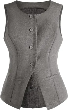 MakeMeChic Women's Vest Top Sleeveless Blazer Split Hem Button Down Dressy Suit Vest Outerwear Waistcoat