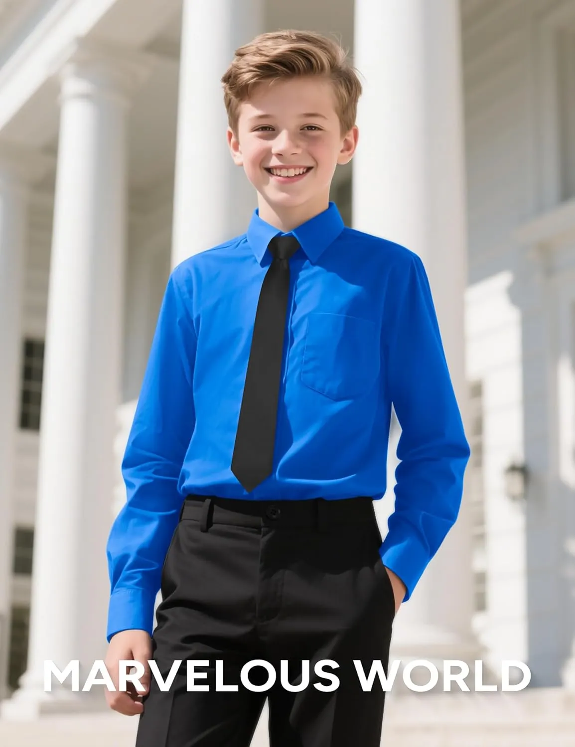 Marvelous World Boys' Long Sleeve Solid Buttoned Cuffs Dress Shirt Kids Casual Button Down Shirts with Chest Pocket