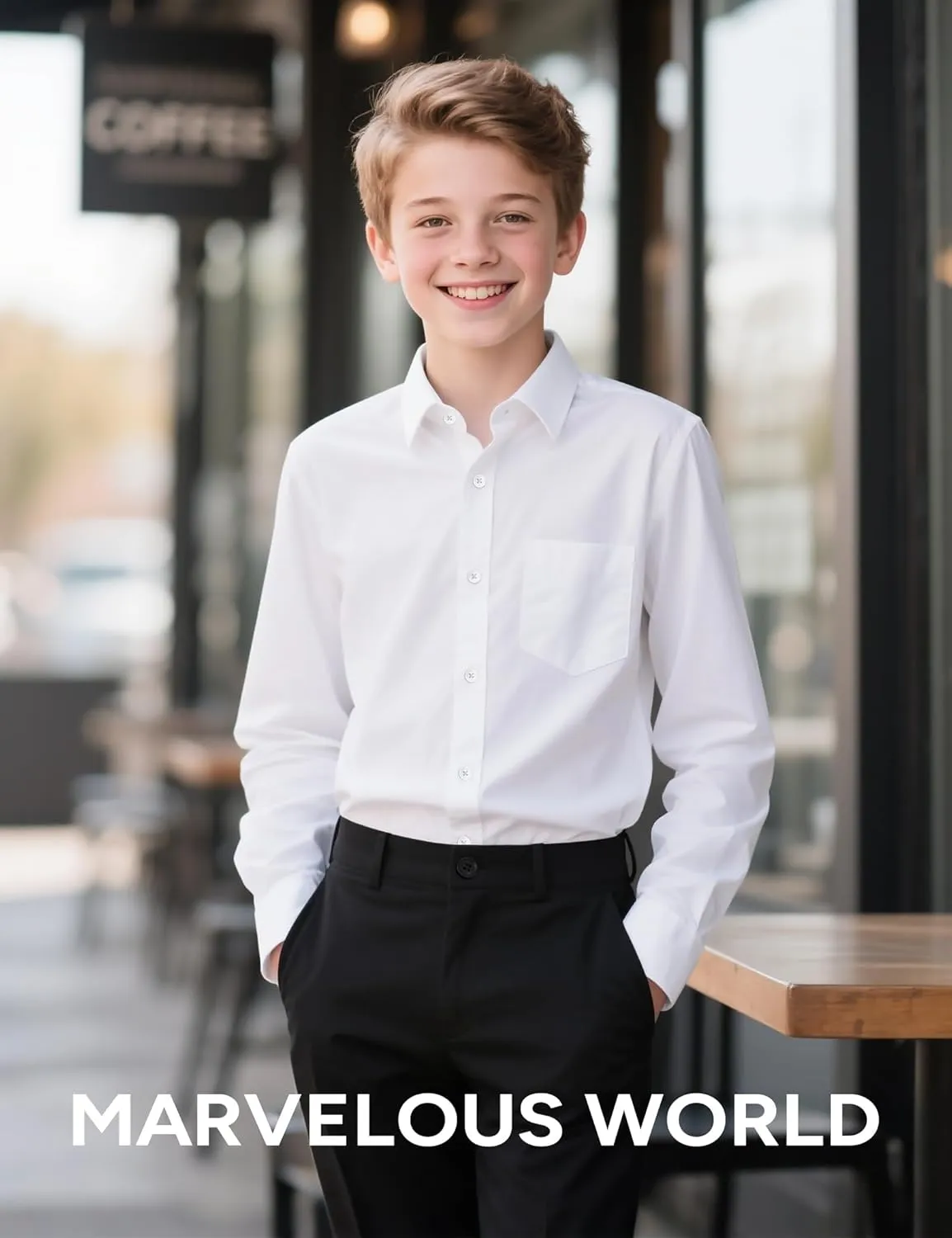 Marvelous World Boys' Long Sleeve Solid Buttoned Cuffs Dress Shirt Kids Casual Button Down Shirts with Chest Pocket