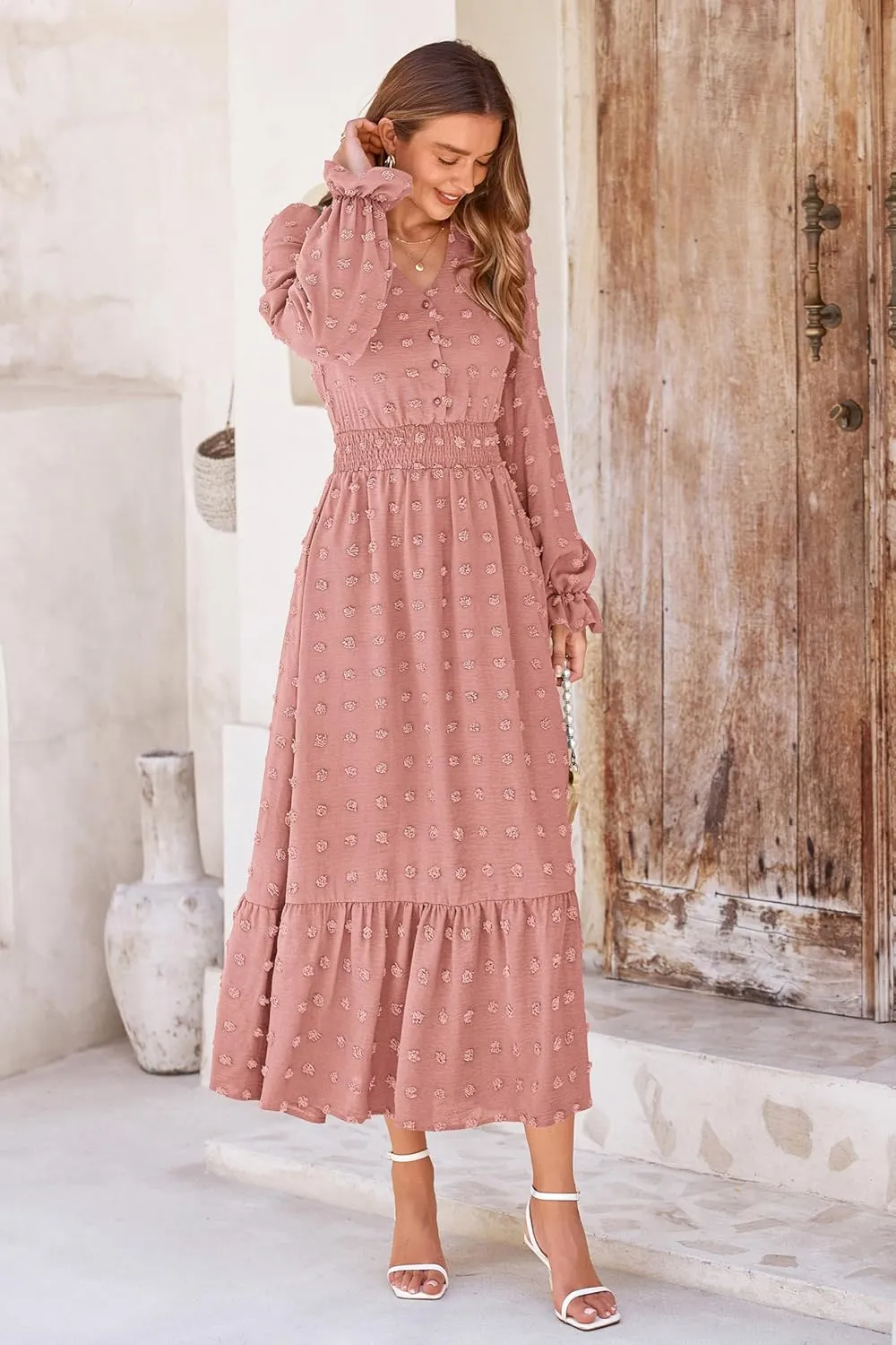 MASCOMODA Women Maxi Dress 2025 Fall Long Sleeve V Neck Swiss Dot Boho Smocked High Waisted A-Line Tiered Flowy Long Dresses
