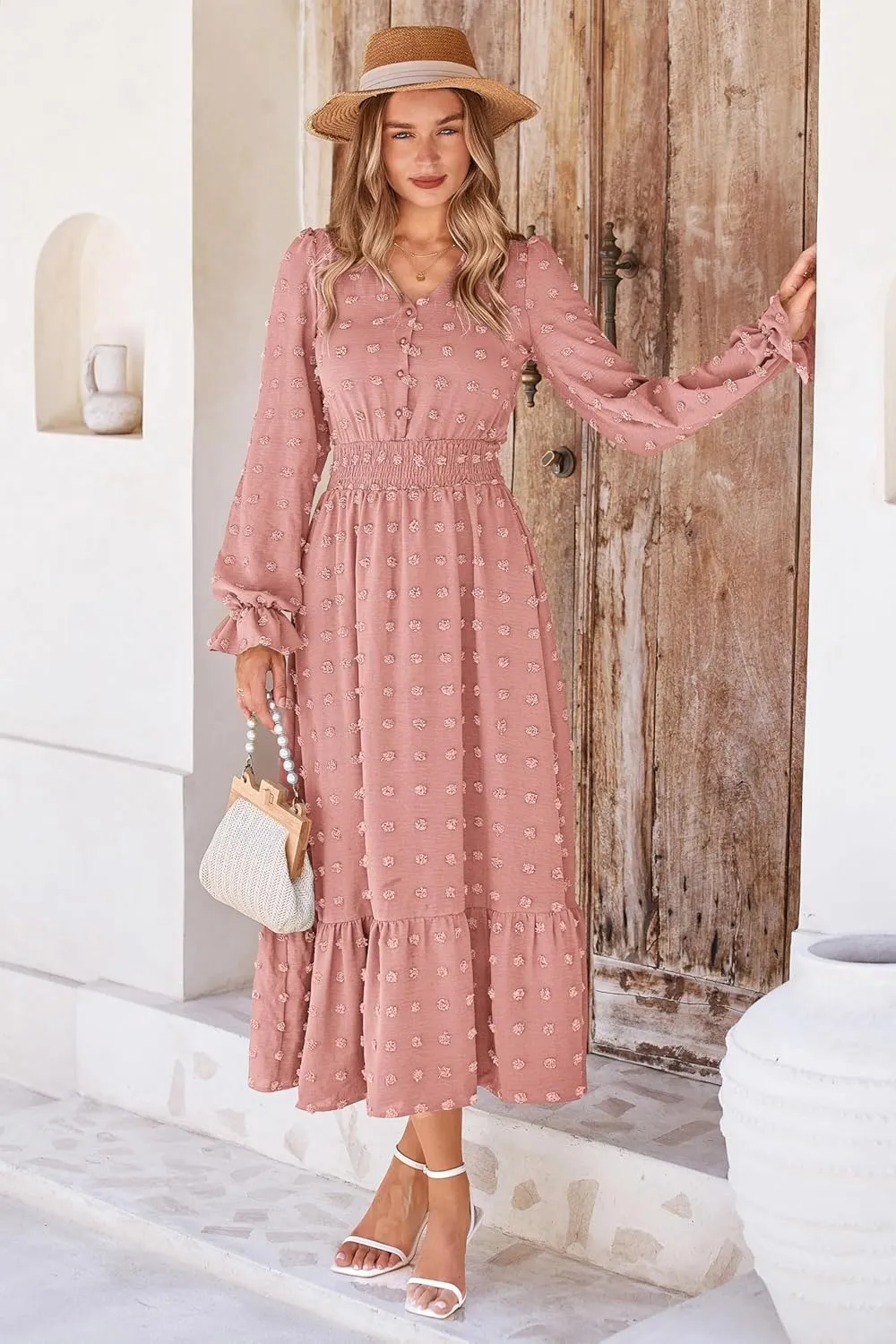 MASCOMODA Women Maxi Dress 2025 Fall Long Sleeve V Neck Swiss Dot Boho Smocked High Waisted A-Line Tiered Flowy Long Dresses