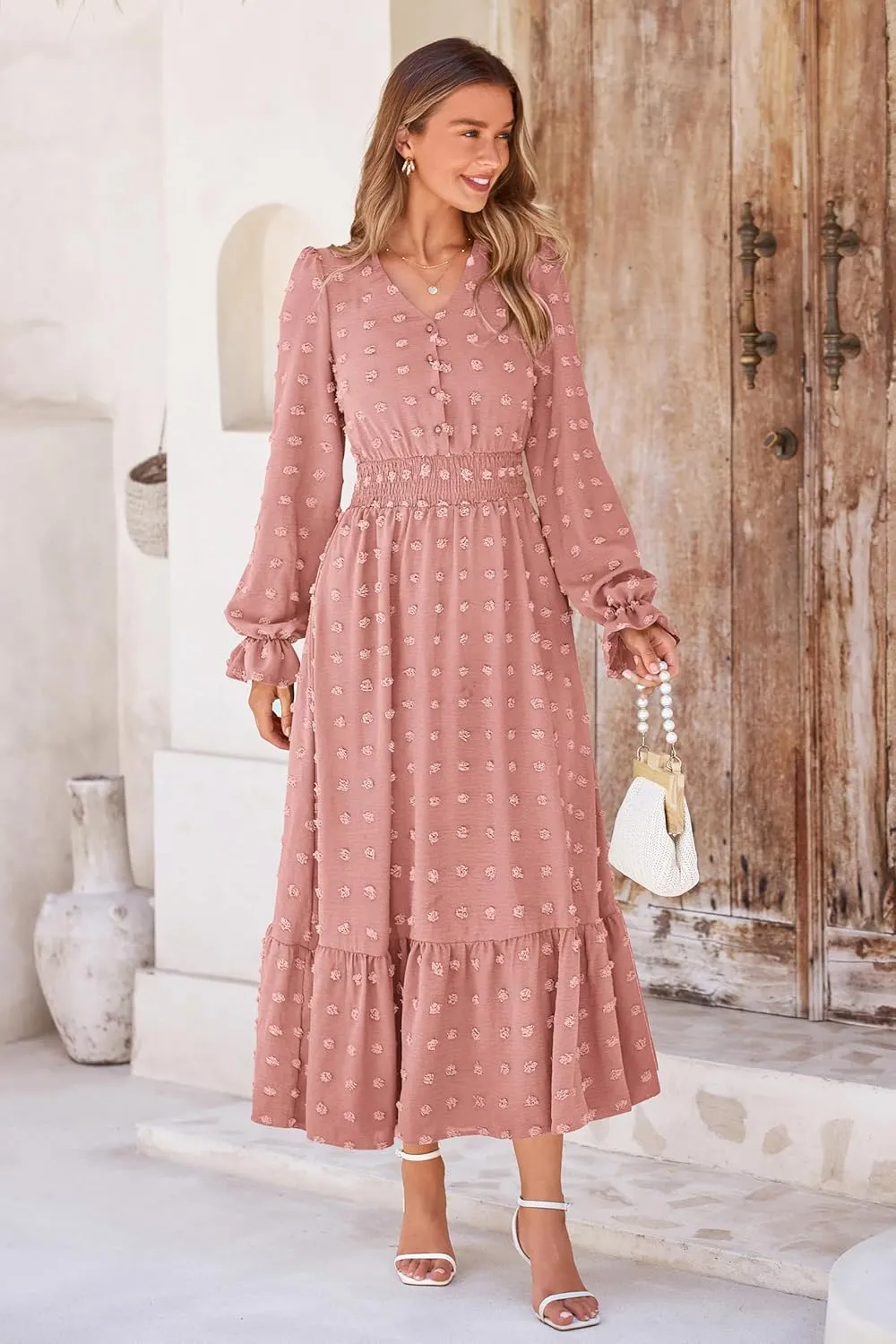 MASCOMODA Women Maxi Dress 2025 Fall Long Sleeve V Neck Swiss Dot Boho Smocked High Waisted A-Line Tiered Flowy Long Dresses