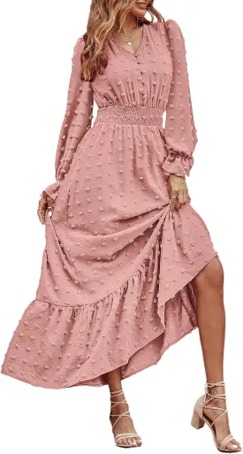 MASCOMODA Women Maxi Dress 2025 Fall Long Sleeve V Neck Swiss Dot Boho Smocked High Waisted A-Line Tiered Flowy Long Dresses