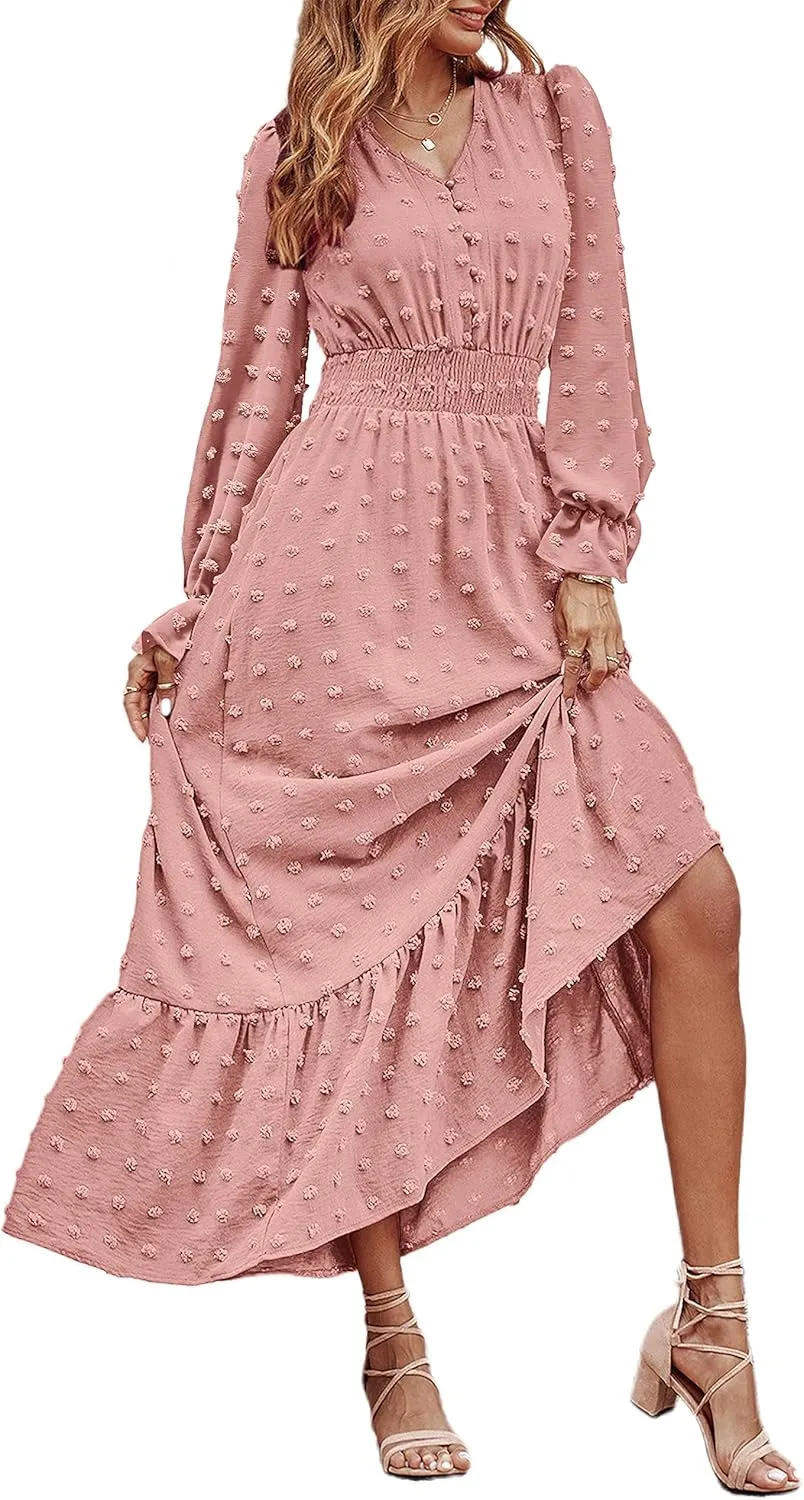 MASCOMODA Women Maxi Dress 2025 Fall Long Sleeve V Neck Swiss Dot Boho Smocked High Waisted A-Line Tiered Flowy Long Dresses