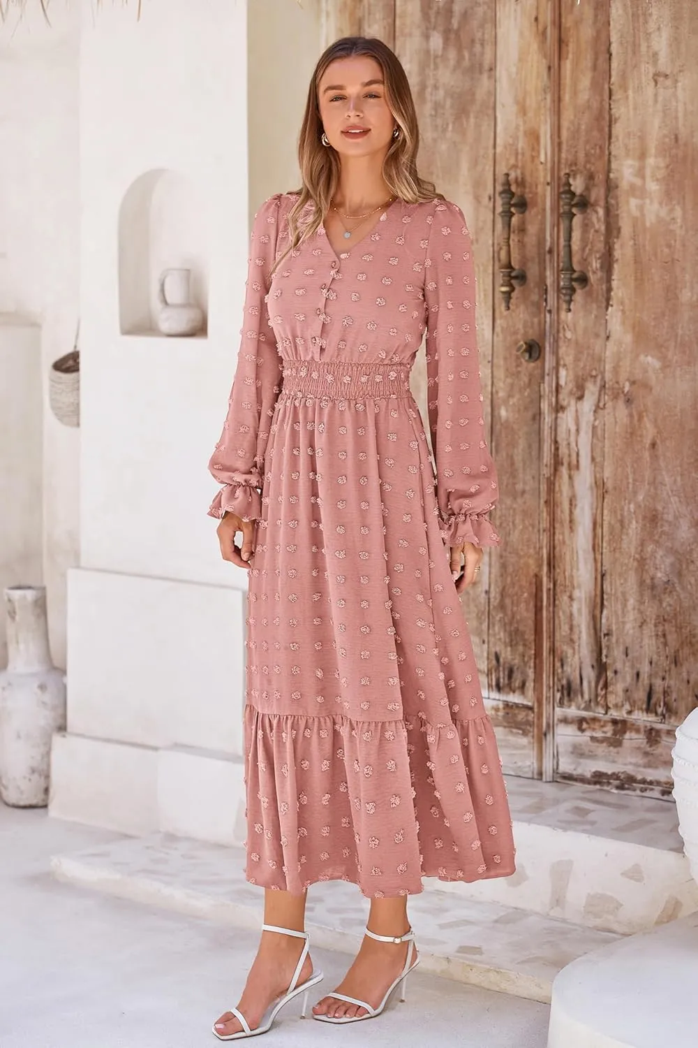 MASCOMODA Women Maxi Dress 2025 Fall Long Sleeve V Neck Swiss Dot Boho Smocked High Waisted A-Line Tiered Flowy Long Dresses