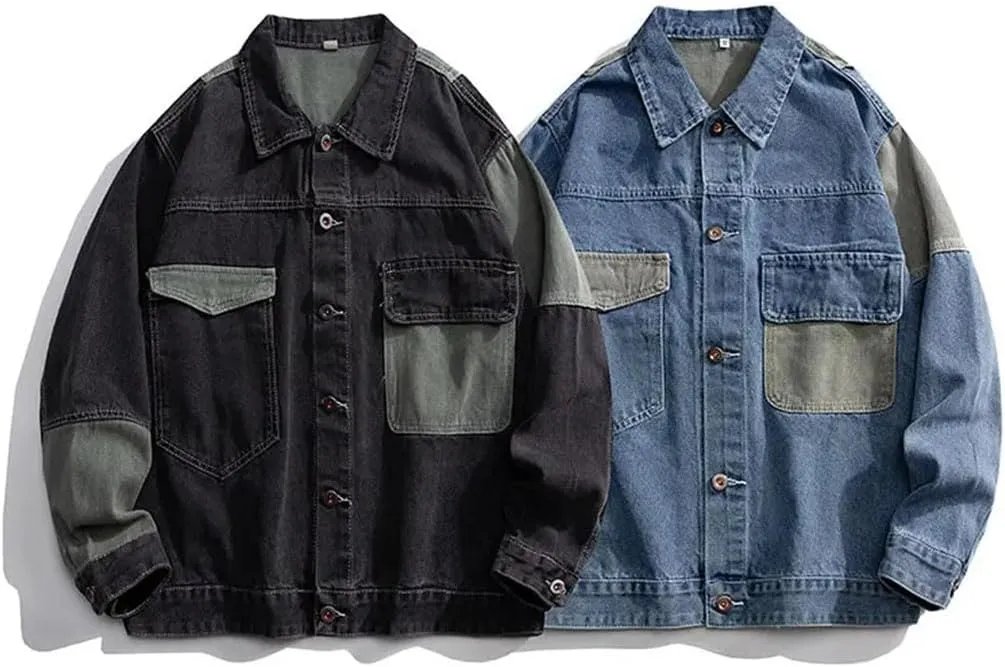 Men's Denim Oversize Spliced Color Blocking Jacket Hip Hop Japanese Style Jeans Jacket