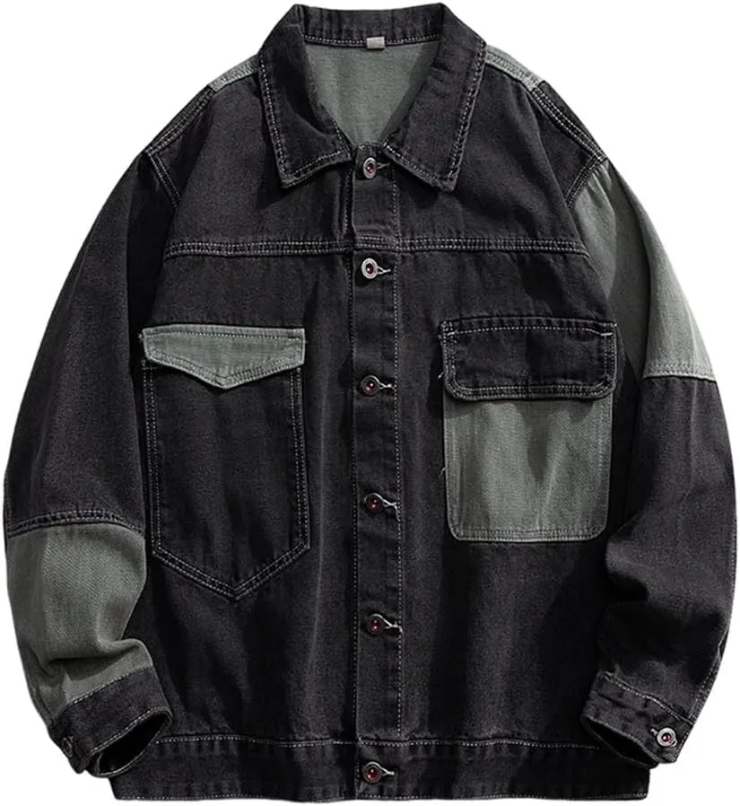 Men's Denim Oversize Spliced Color Blocking Jacket Hip Hop Japanese Style Jeans Jacket