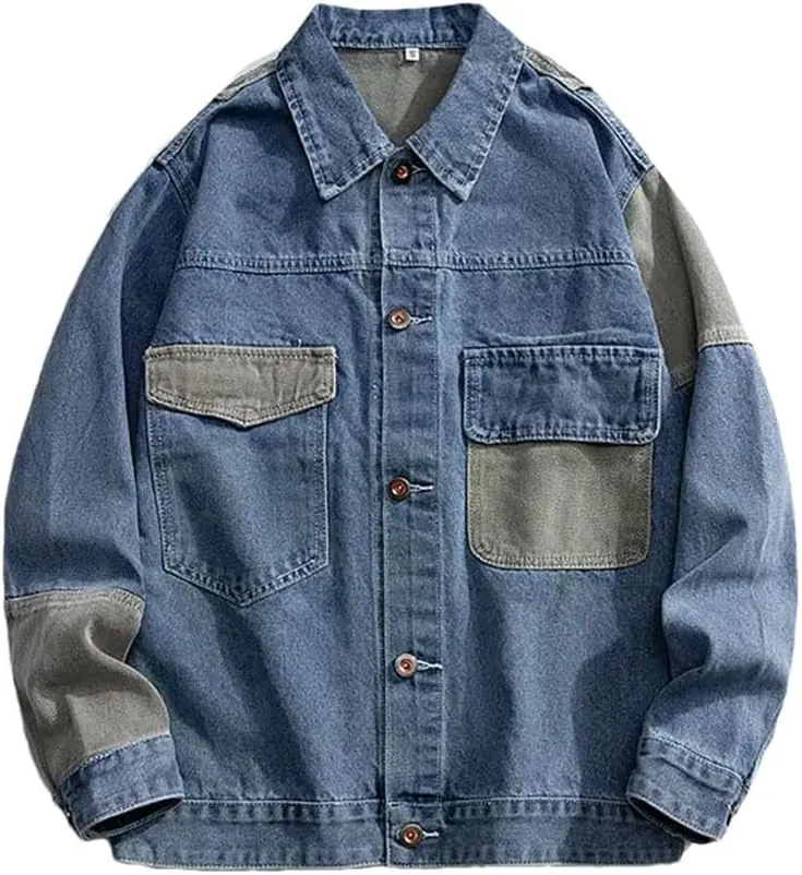 Men's Denim Oversize Spliced Color Blocking Jacket Hip Hop Japanese Style Jeans Jacket