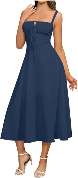 Milk Maid Dress for Women Floral Corset Flowy Slit Dresses Summer Boho Spaghetti Straps Square Neck Long Dress