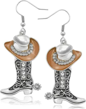 RechicGu Western Cowgirl Hat Boots Earrings Enamel Cowboy Hat Sparkly Rhinestone Boot Dangle Earrings Prom Country Concerts Rodeo Cowboy Outfits Jewelry Gift for Women