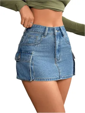 SHENHE Women's Low Rise Denim Cargo Skirt Y2K Bodycon Sexy Jean Mini Skirt with Pockets