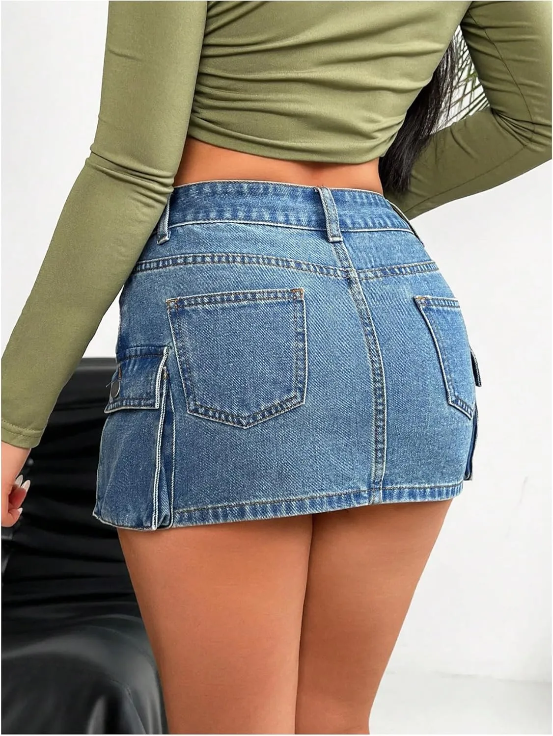 SHENHE Women's Low Rise Denim Cargo Skirt Y2K Bodycon Sexy Jean Mini Skirt with Pockets