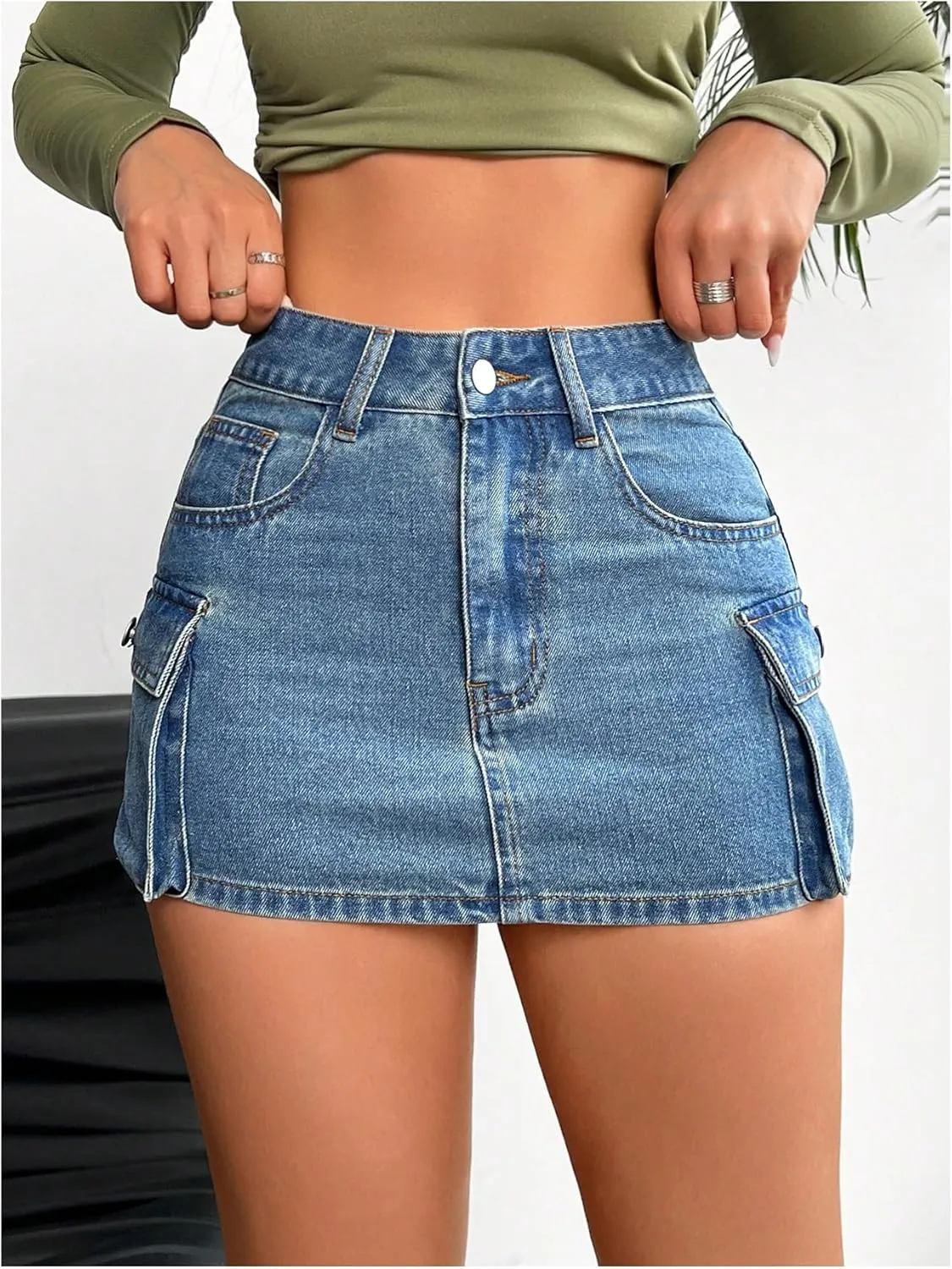 SHENHE Women's Low Rise Denim Cargo Skirt Y2K Bodycon Sexy Jean Mini Skirt with Pockets
