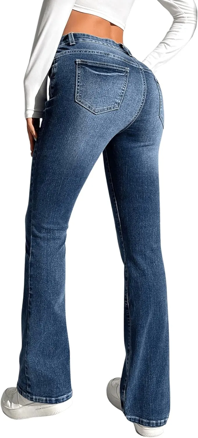 SweatyRocks Women's Low Rise Jeans Casual Zipper Fly Flare Leg Denim Pants with Pocket