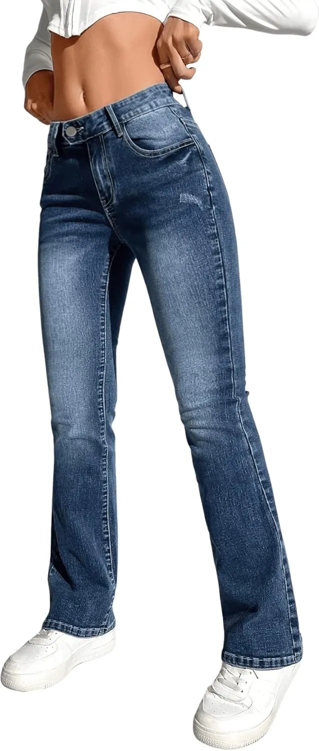SweatyRocks Women's Low Rise Jeans Casual Zipper Fly Flare Leg Denim Pants with Pocket