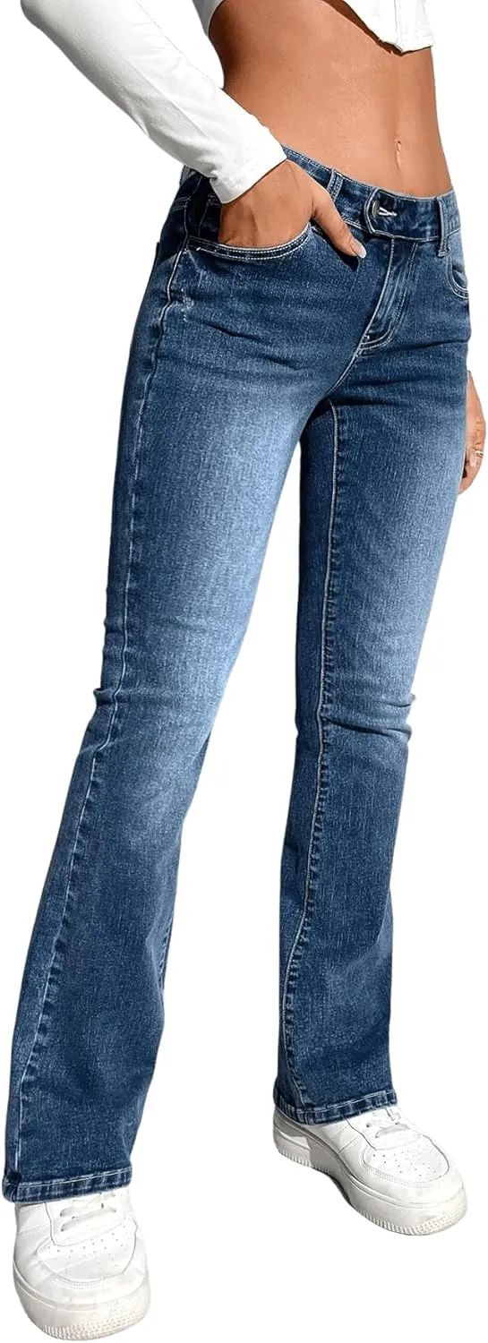 SweatyRocks Women's Low Rise Jeans Casual Zipper Fly Flare Leg Denim Pants with Pocket