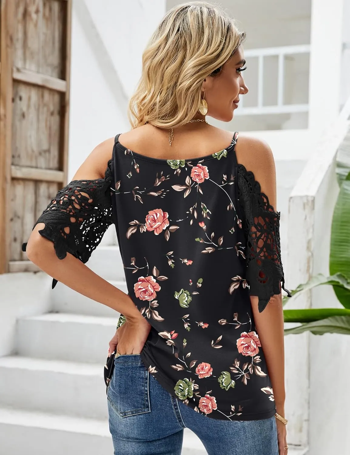 TFSDOD Womens Summer V Neck Cold Shoulder Tops T Shirts Cut Out Lace Short Sleeve Solid Color Blouses Shirt