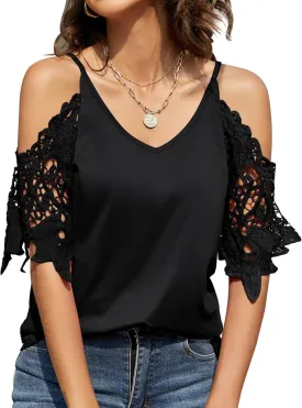 TFSDOD Womens Summer V Neck Cold Shoulder Tops T Shirts Cut Out Lace Short Sleeve Solid Color Blouses Shirt