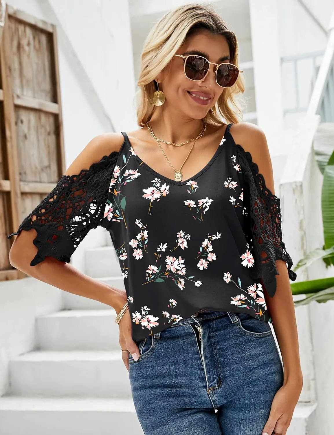TFSDOD Womens Summer V Neck Cold Shoulder Tops T Shirts Cut Out Lace Short Sleeve Solid Color Blouses Shirt