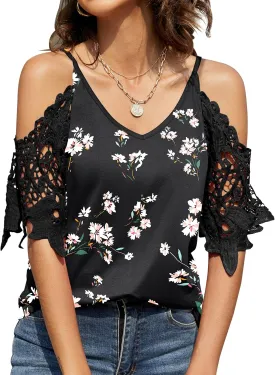 TFSDOD Womens Summer V Neck Cold Shoulder Tops T Shirts Cut Out Lace Short Sleeve Solid Color Blouses Shirt