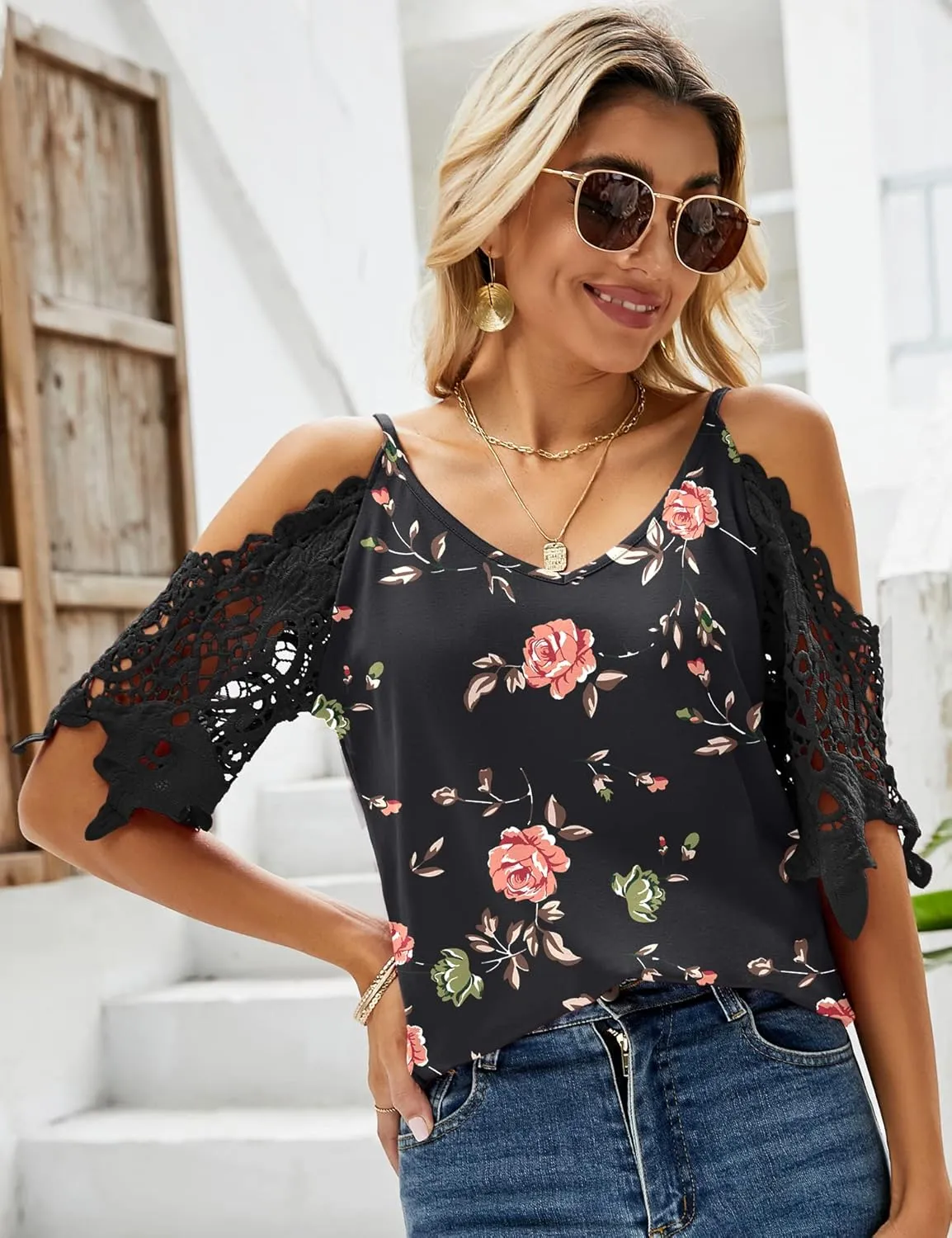 TFSDOD Womens Summer V Neck Cold Shoulder Tops T Shirts Cut Out Lace Short Sleeve Solid Color Blouses Shirt