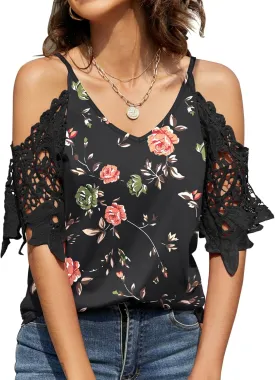 TFSDOD Womens Summer V Neck Cold Shoulder Tops T Shirts Cut Out Lace Short Sleeve Solid Color Blouses Shirt