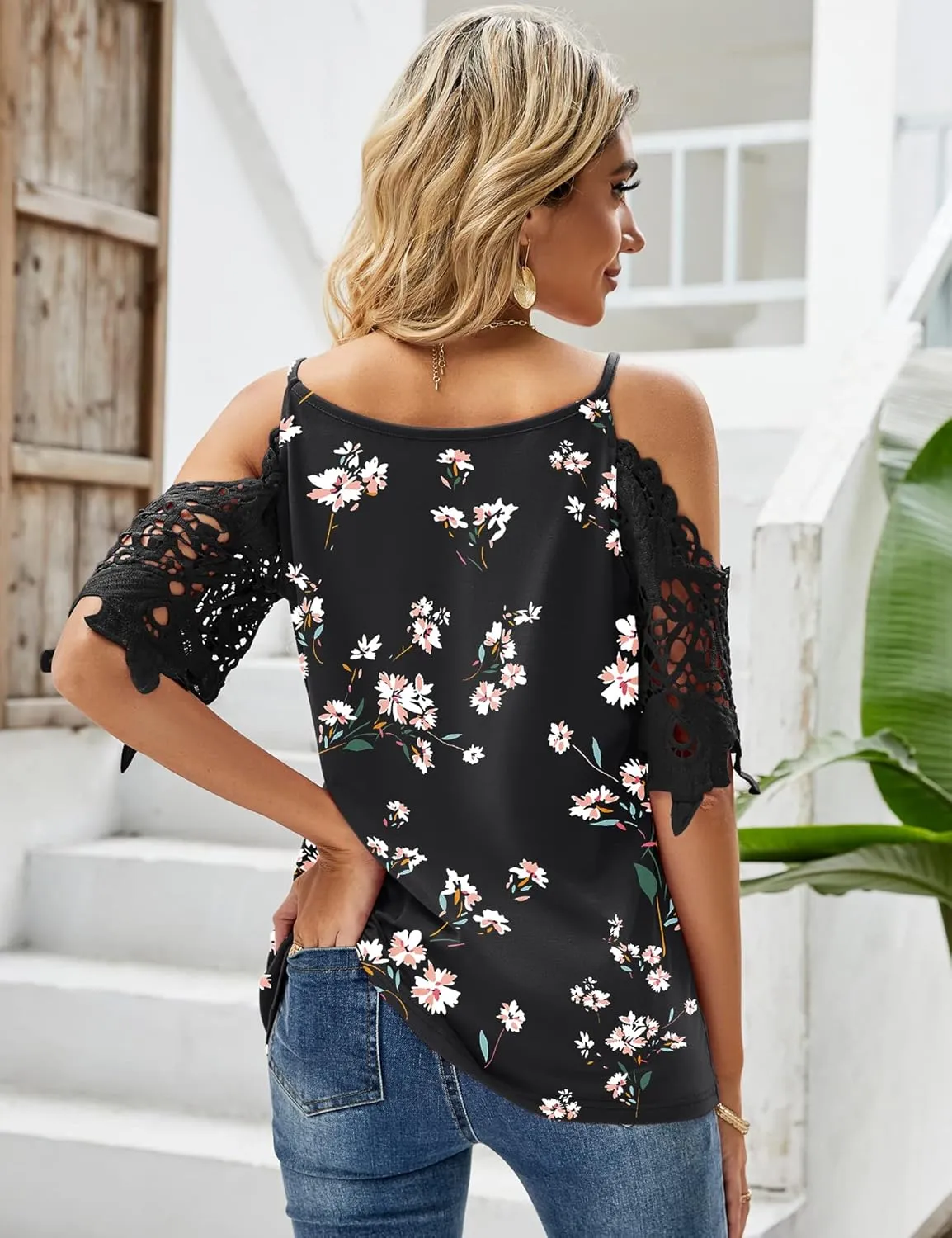 TFSDOD Womens Summer V Neck Cold Shoulder Tops T Shirts Cut Out Lace Short Sleeve Solid Color Blouses Shirt