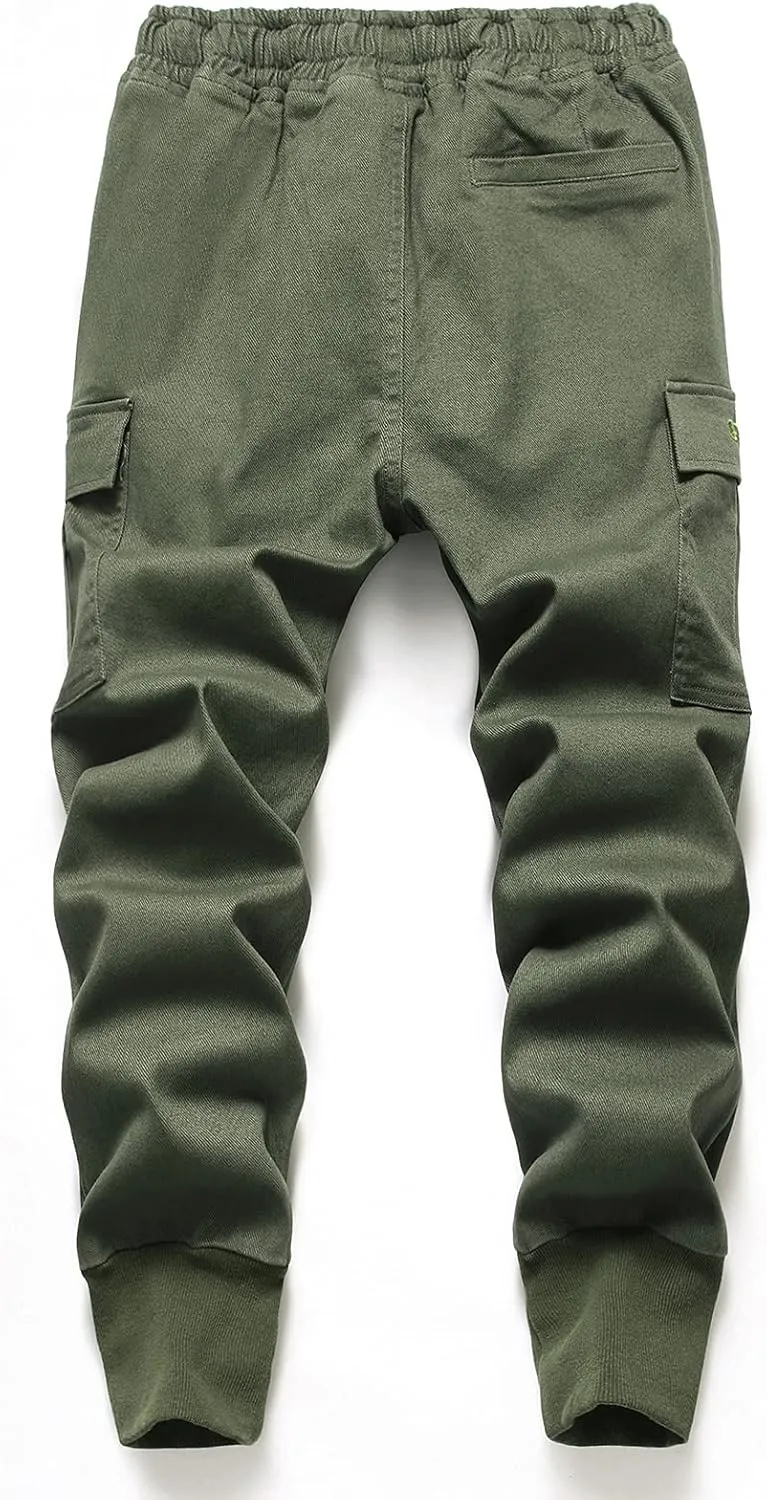 TLAENSON Boys Joggers Cargo Pants for Kids Drawstring Elastic Waist Cotton Twill Jogging School Pant