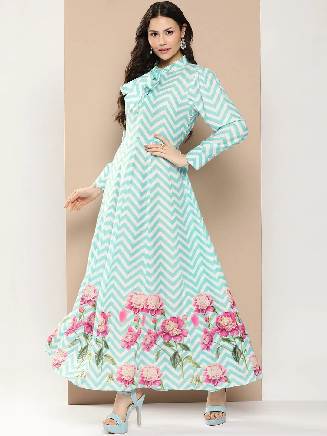 Turquoise Blue Printed Long Dress With Tie-Up Neck
