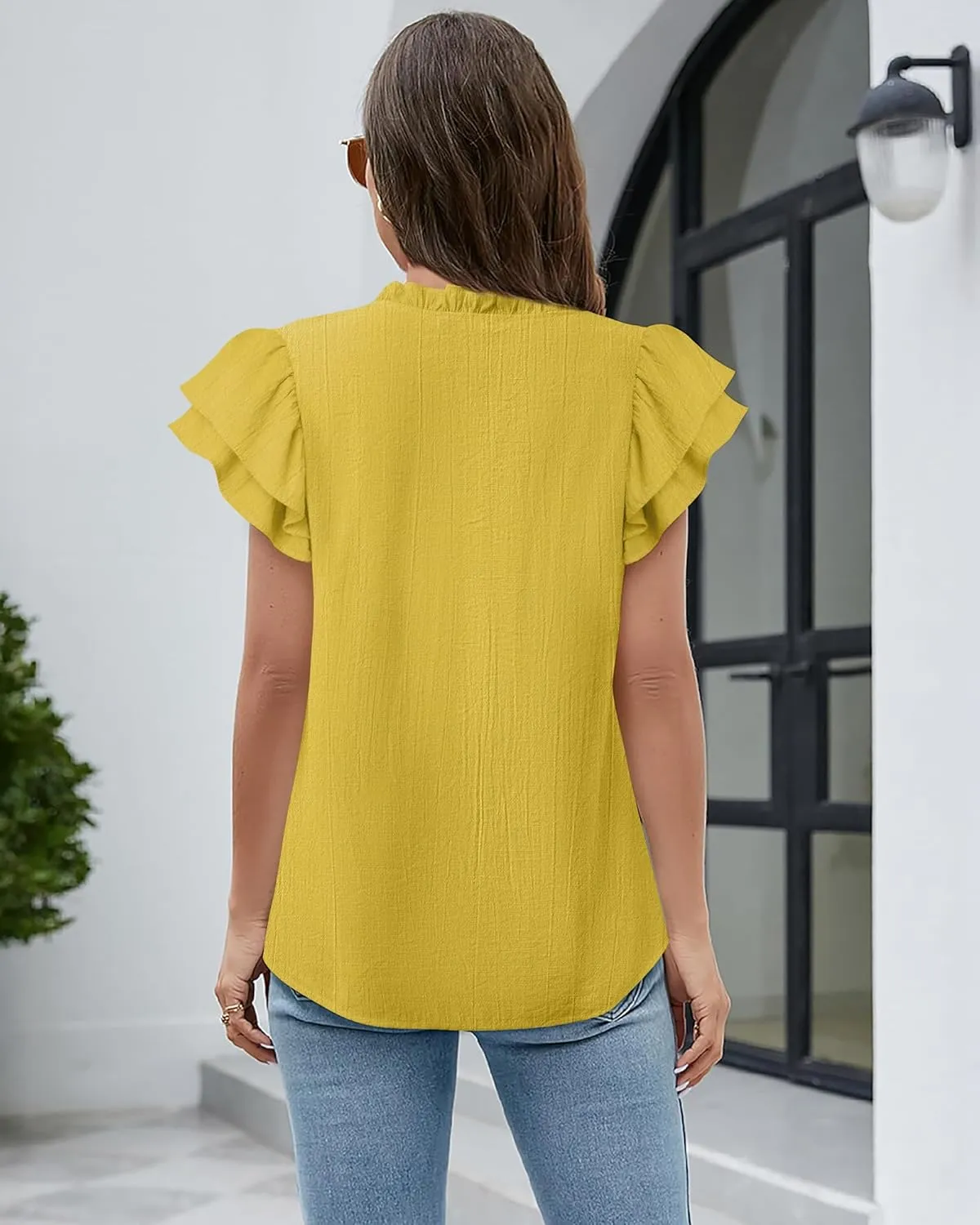 Vivilli Women Summer Dressy Casual Tops Ruffle Short Sleeve Work Business Blouses V Neck Tie Front Shirts