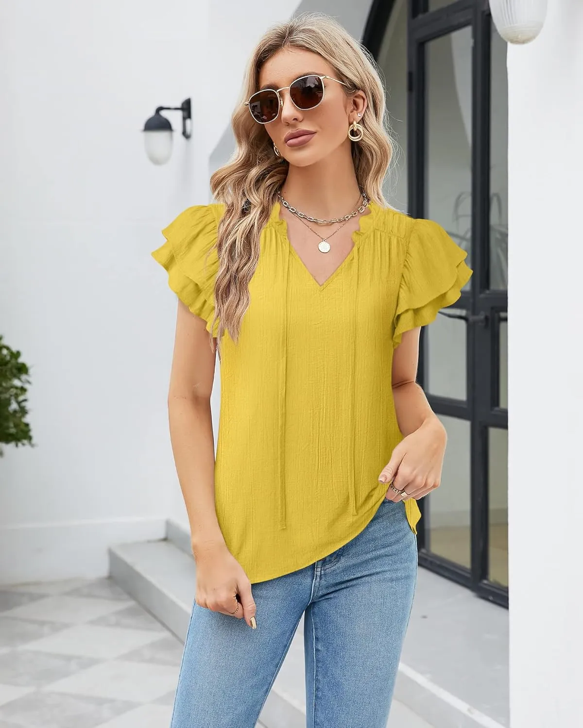 Vivilli Women Summer Dressy Casual Tops Ruffle Short Sleeve Work Business Blouses V Neck Tie Front Shirts