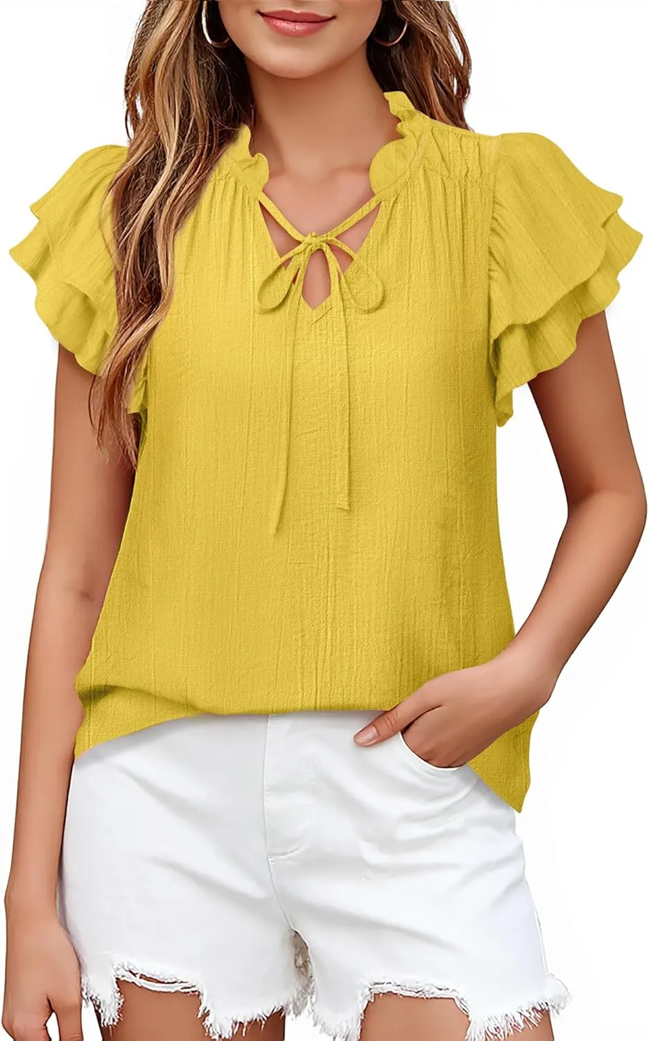 Vivilli Women Summer Dressy Casual Tops Ruffle Short Sleeve Work Business Blouses V Neck Tie Front Shirts