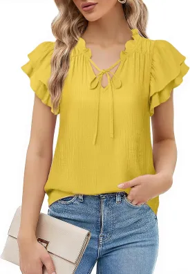 Vivilli Women Summer Dressy Casual Tops Ruffle Short Sleeve Work Business Blouses V Neck Tie Front Shirts
