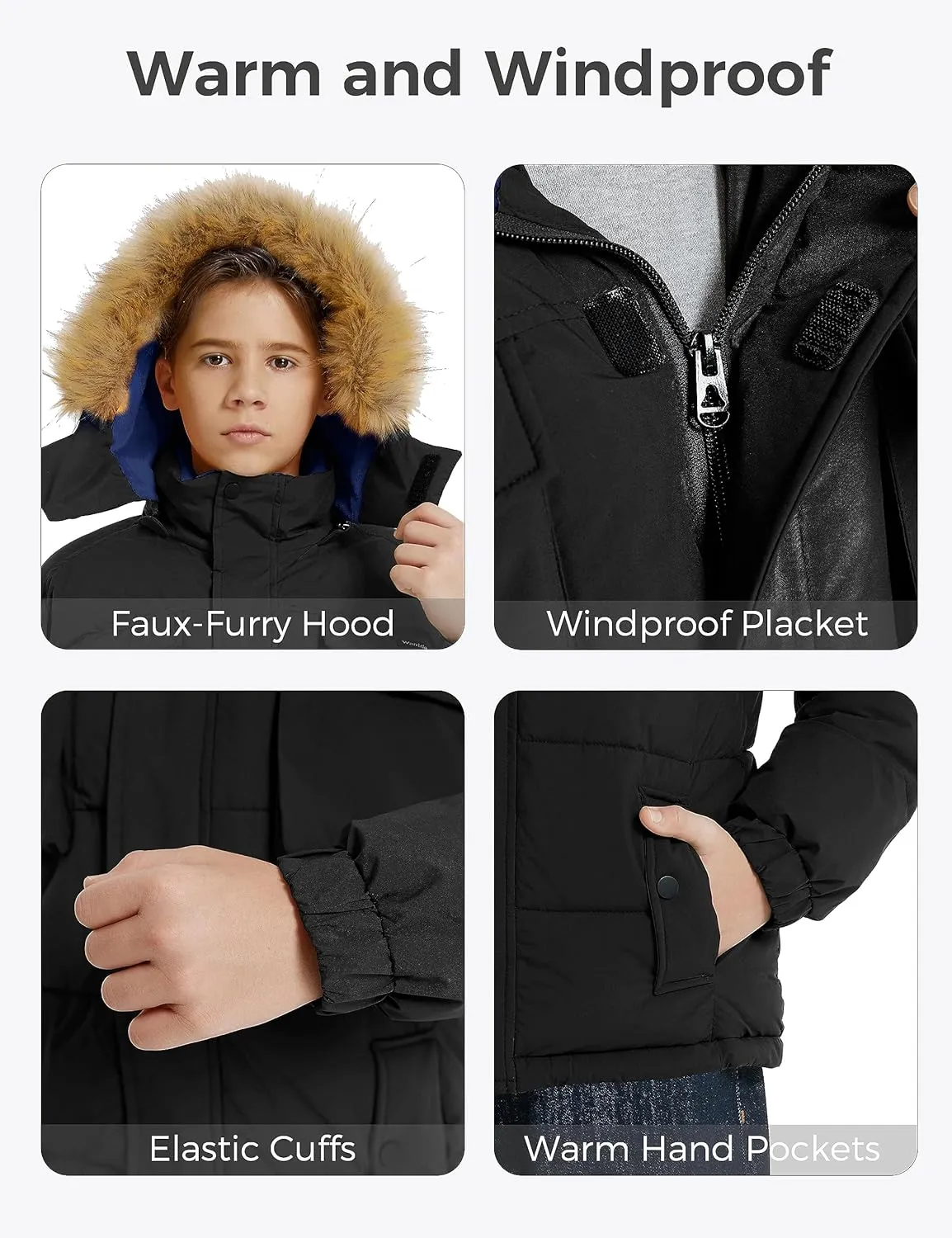 Wantdo Boy's Warm Winter Coat Waterproof Thicken Puffer Jacket with Removable Fur Hood