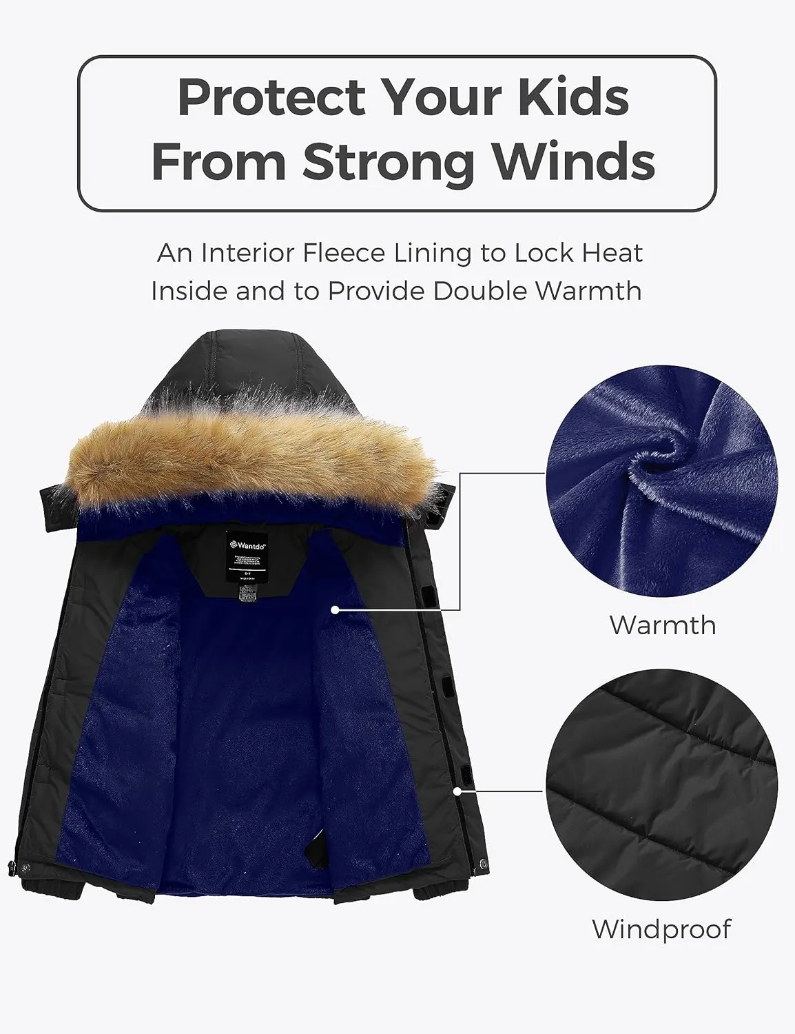 Wantdo Boy's Warm Winter Coat Waterproof Thicken Puffer Jacket with Removable Fur Hood