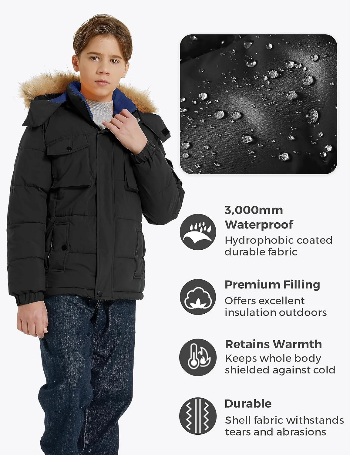 Wantdo Boy's Warm Winter Coat Waterproof Thicken Puffer Jacket with Removable Fur Hood
