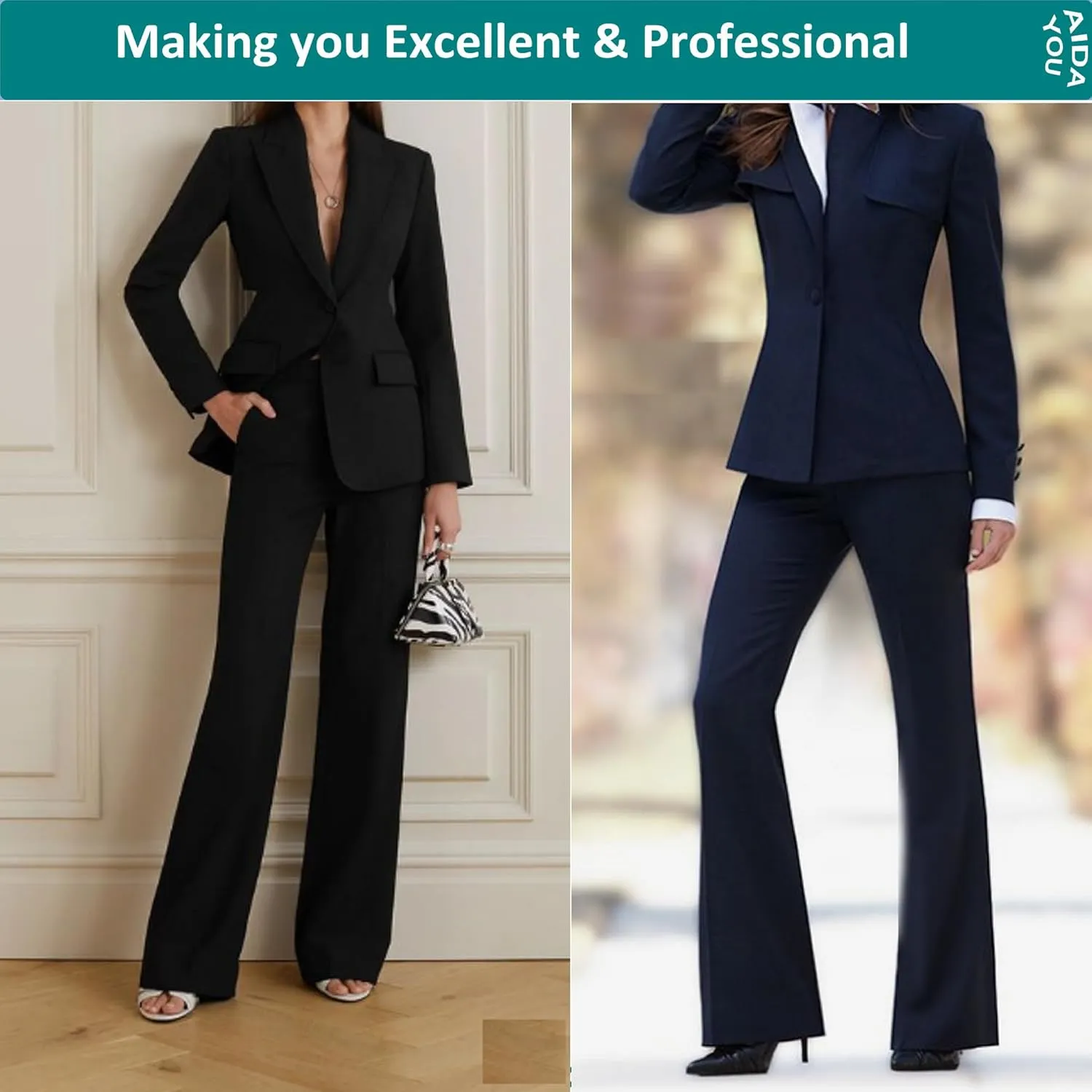 Women Office Flare Dress Pants -Stretchy Comfy - High Waisted Bell Bottom Classic Buinese & Casual