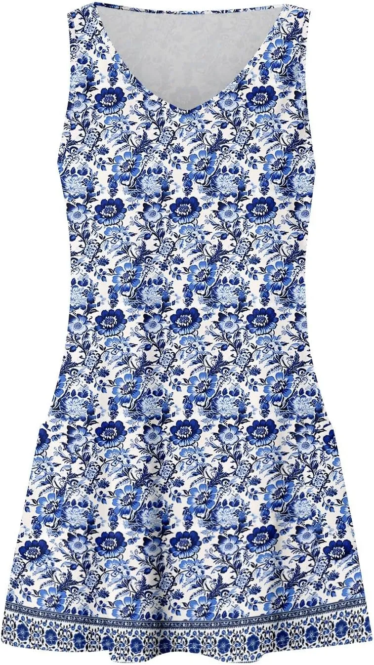 Women Summer Dresses Printed Beach Swimsuit Coverup Sleeveless 2025 Sundress V Neck Casual Dress with Pocket