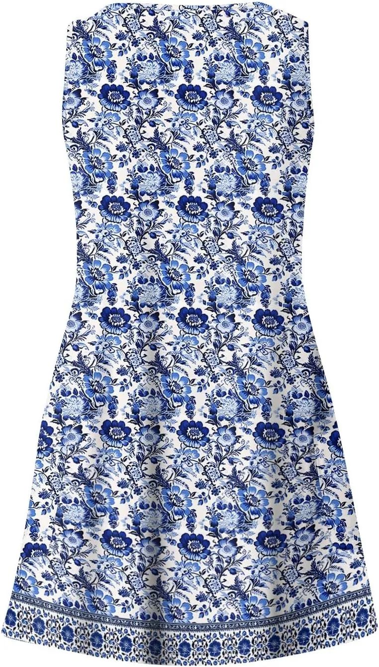 Women Summer Dresses Printed Beach Swimsuit Coverup Sleeveless 2025 Sundress V Neck Casual Dress with Pocket