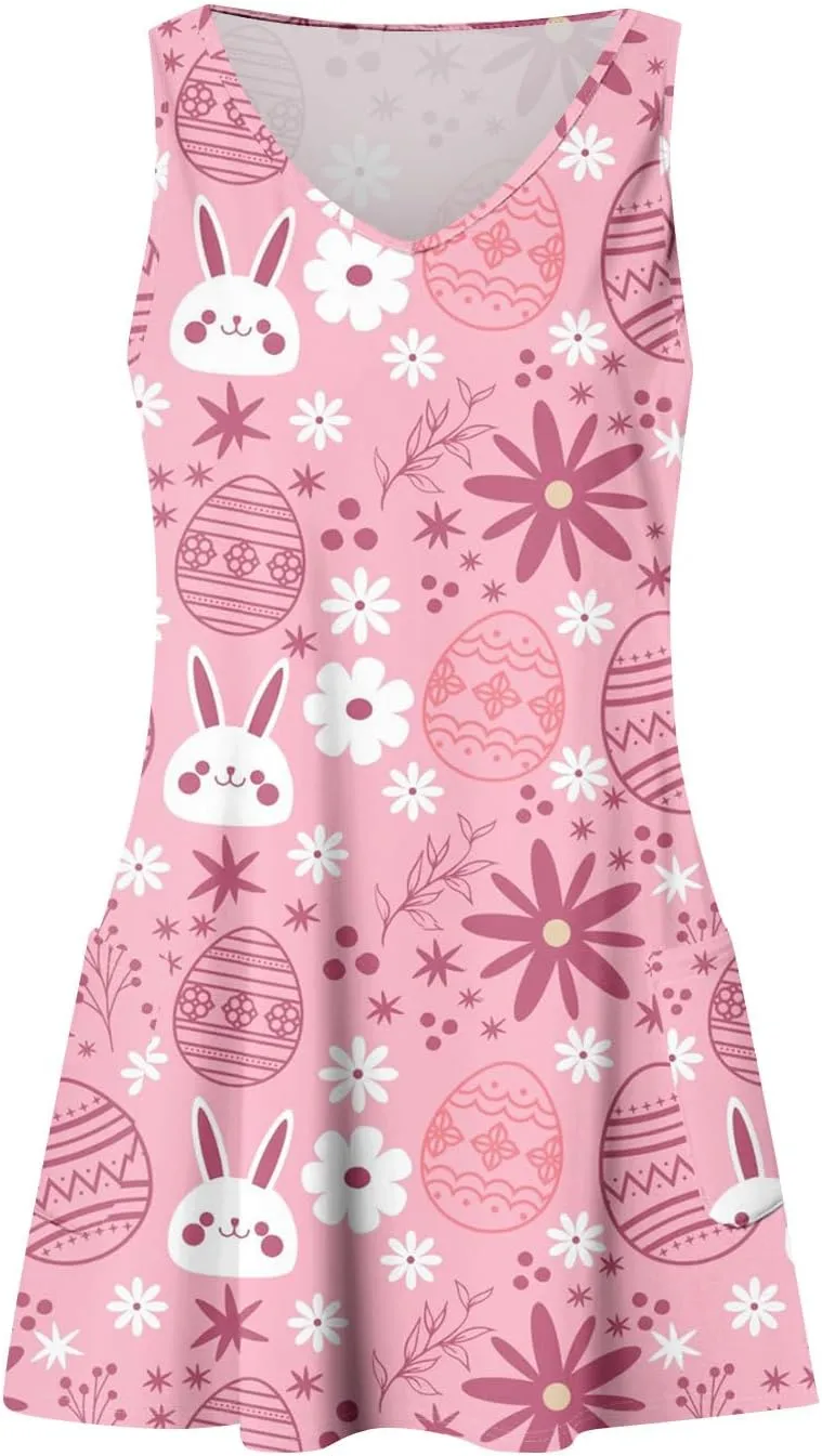 Women Summer Dresses Printed V Neck Sundress Sleeveless Casual Swimsuit Coverup Beach Vacation Dress with Pocket