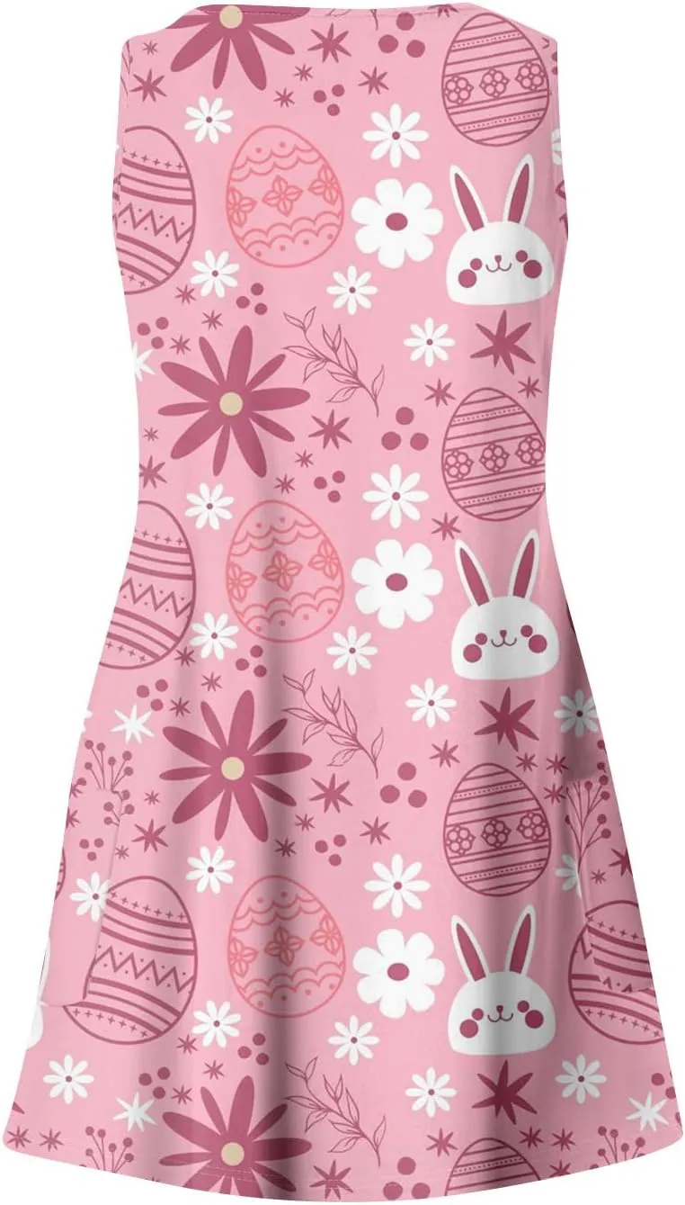 Women Summer Dresses Printed V Neck Sundress Sleeveless Casual Swimsuit Coverup Beach Vacation Dress with Pocket