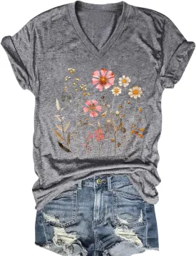 Women V Neck Sunflower Graphic Shirt Cute Dandelion Teen Girls Tee Tops Short Sleeve Cowgirls Casual T Shirts