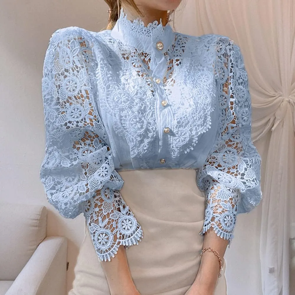 Womens Elegant Lace Trim Shirts Casual Victorian Blouse Long Sleeve Button Down Tops