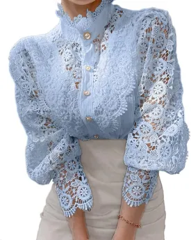 Womens Elegant Lace Trim Shirts Casual Victorian Blouse Long Sleeve Button Down Tops